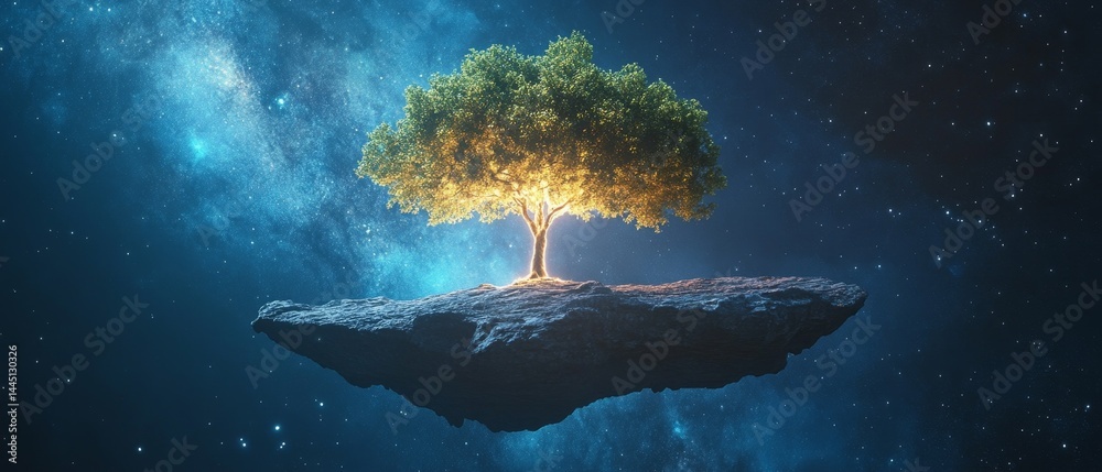 A tree is floating in the sky above a rocky surface