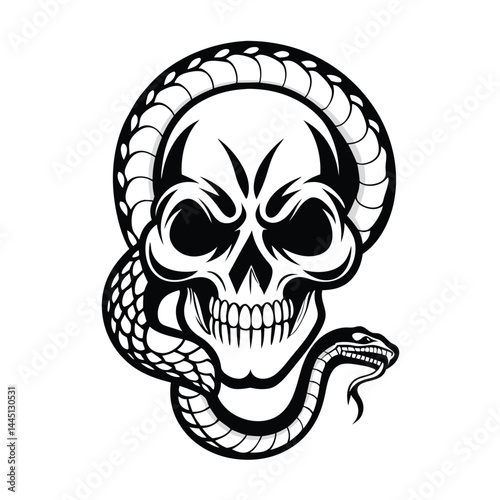 Detailed Skull and Snake Illustration, Black and White Reptile Coiled Around Skull