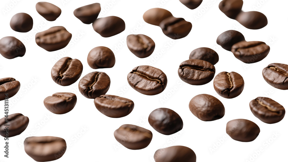 Obraz premium Roasted Coffee Beans Falling on White Background Aromatic Caffeine Energy
