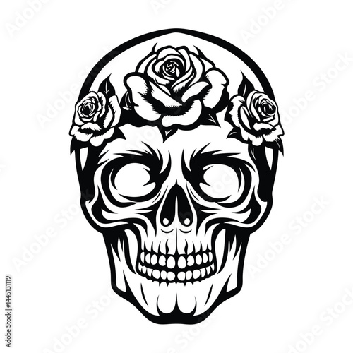 Ornate Skull Black Silhouette with Roses Crown Isolated on White Background