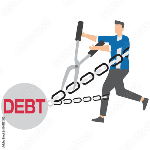 businessman use scissors to cut the chain and free himself from debt metal ball