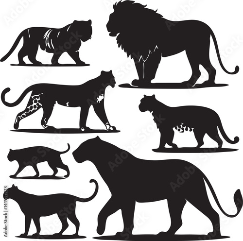 Big Cat Silhouette Set Featuring Lion, Tiger, Leopard, Panther Vector Art