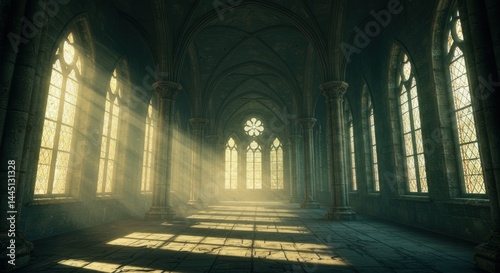 Sunlight streaming through gothic windows in a grand hall