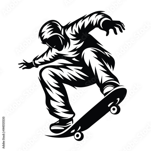 Skateboarder Silhouette Hooded Figure Performing Trick, Monochrome Style, Dynamic Action