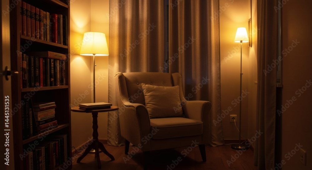 Fototapeta premium Cozy Armchair and Bookshelf in Warm Lighting for Relaxing Evening