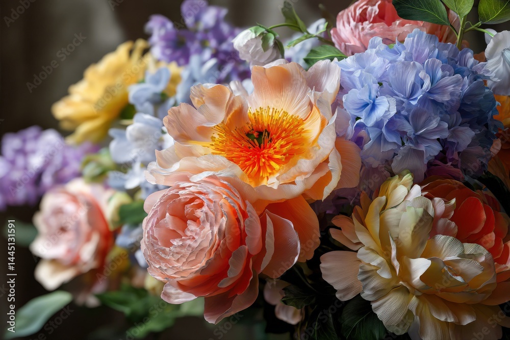 Fototapeta premium Pastel-colored bouquet of peonies, hydrangeas, and roses. A beautiful arrangement of spring flowers.