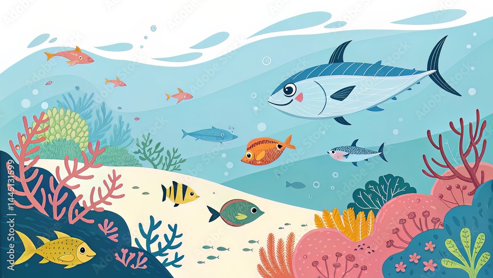 Underwater landscape vector with tuna and bold child-friendly marine art Underwater landscape vector with tuna and bold child-friendly marine art