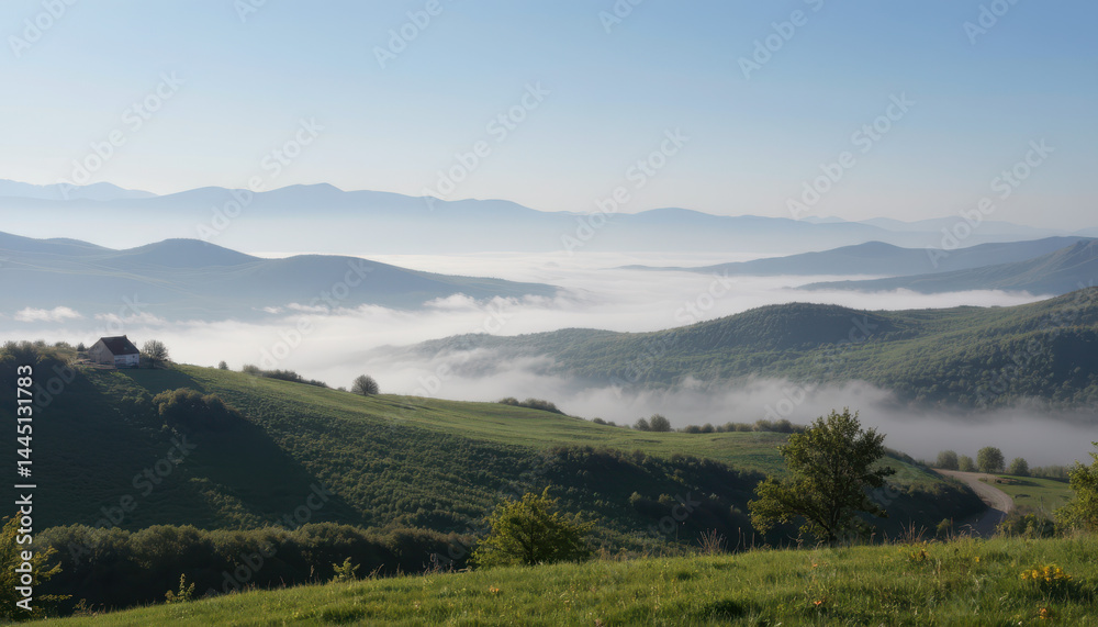 Fototapeta premium Rolling green hills, morning mist, and distant mountains under a clear blue sky create a peaceful, scenic landscape.