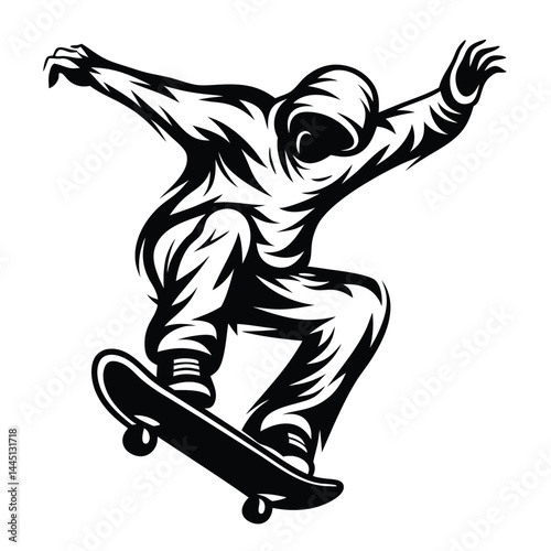 Stylized Skateboarder Silhouette Airborne Trick, Black and White, Action Sport