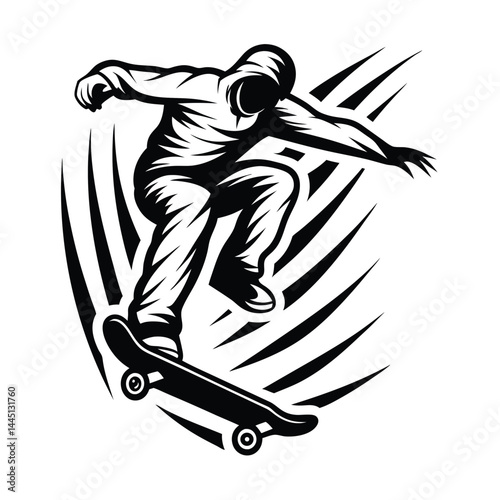 Skateboarder Silhouette Doing Tricks with Style on a Board in Air, Black and White