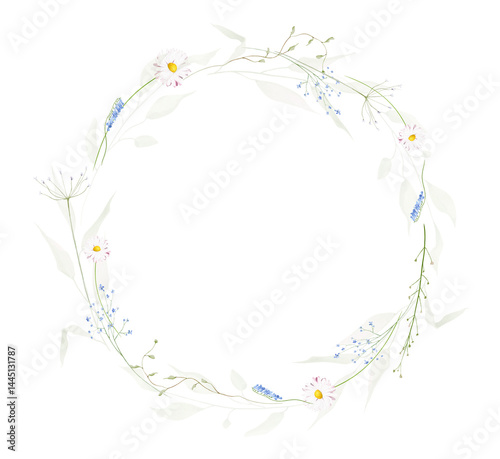 Wallpaper Mural Watercolor floral round wreath frame. Meadow blue sweet peas, yellow wild flowers, chamomiles, green branches, leaves. Hand drawn style illustration. Artistic template design. Torontodigital.ca
