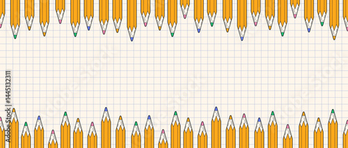 Modern checkered background with pencils. Various colored pencils. Many pencils on grid paper. Time to learn. School. School background. Education and upbringing
