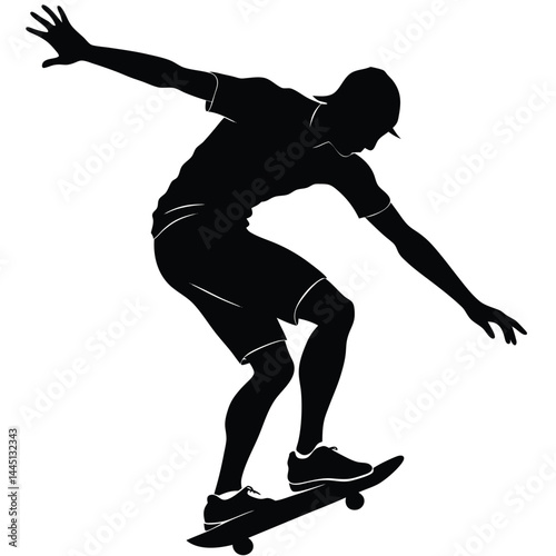 Silhouette of Young African Descent Male on Skateboard with Hat, Arms Spread Out