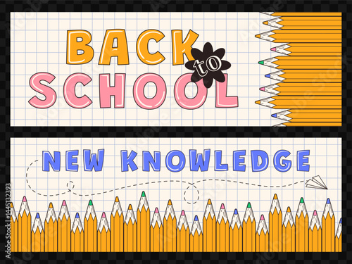Back to school. Horizontal banners with checkered background and text with pencils. Many colorful pencils on grid paper. Educational advertisement. Education and learning. New knowledge