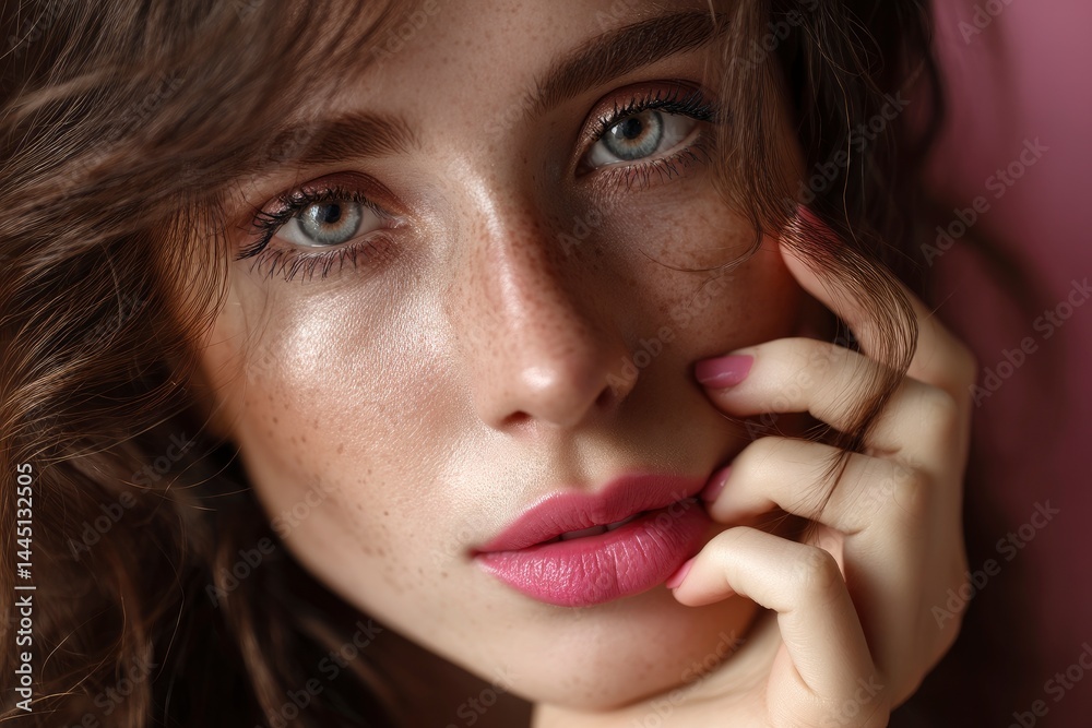 Woman with Freckles Posing with Hand on Face Woman with Freckles Posing with Hand on Face