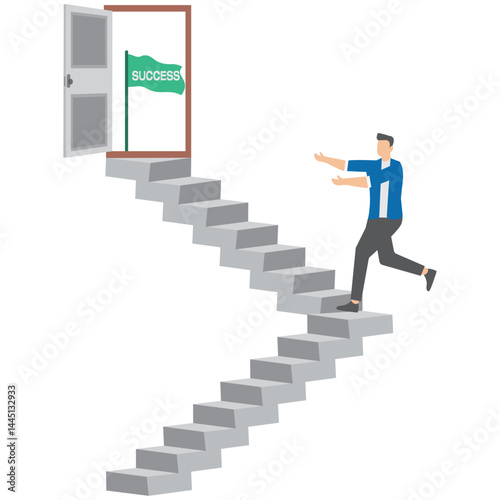 businessman climbing up stairs to reach and open door on top leading to success or victory