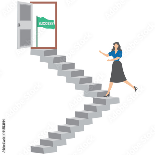 businesswoman climbing up stairs to reach and open door on top leading to success or victory
