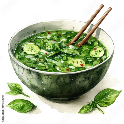 Bowl Of Pho With Chopsticks Resting, watercolor vector, isolated on a white background.