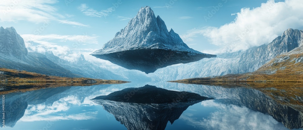 A mountain is floating in the sky above a body of water