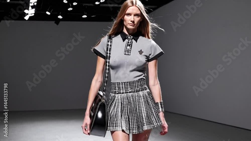 Young woman modeling stylish outfit on runway during fashion show  