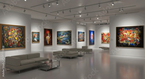 Visiting Art Gallery with Modern Abstract Paintings and Lounge Seating