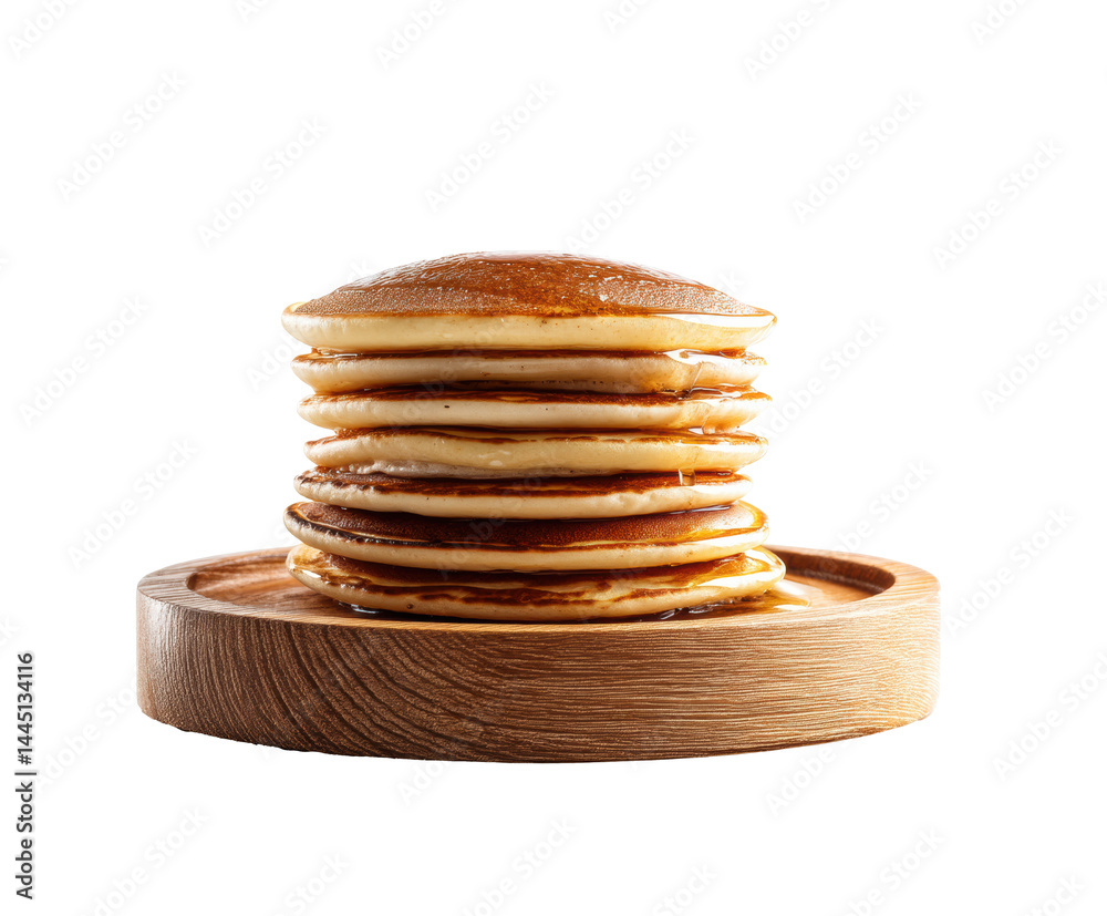 Delicious fluffy pancakes served with syrup on a wooden plate, cut out Delicious fluffy pancakes served with syrup on a wooden plate, cut out
