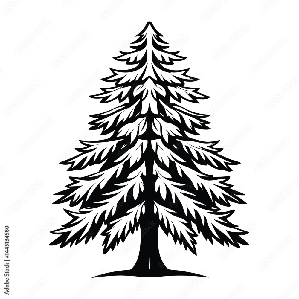 Obraz premium Detailed Evergreen Tree Silhouette, Black and White Conifer, Isolated Tree Icon