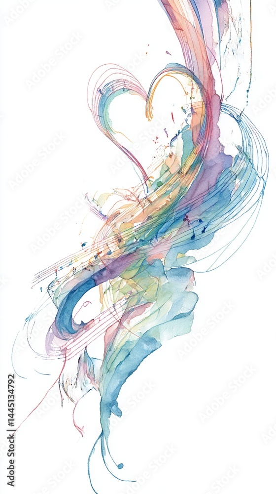 Fototapeta premium A stylized watercolor painting of a heart formed by musical notes and ribbon-like brushstrokes, symbolizing harmony and love through art.