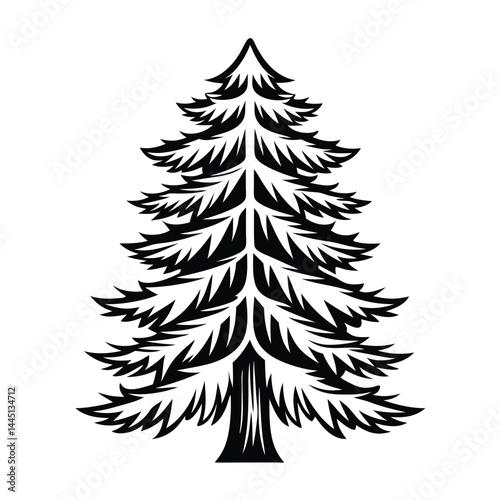 Black Silhouette of Tall Evergreen Tree with Dense Branches on White Background, Isolated