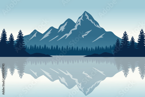 Serene Mountain Lake Reflection, Tranquil Wilderness Illustration, Scenic Nature Landscape of Pine Trees and Misty Mountains, Peaceful Outdoor Adventure.