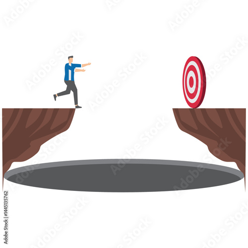 businessman ready to jump over the chasm to reach success target challenge of his career