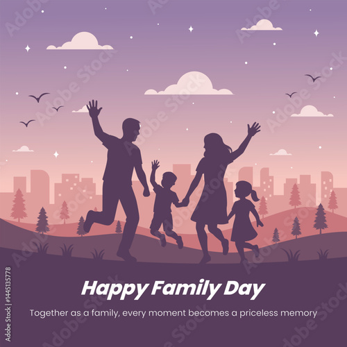 Happy Family Day Poster with Parents and Two Kids Silhouette Jumping in Sunset Landscape Background