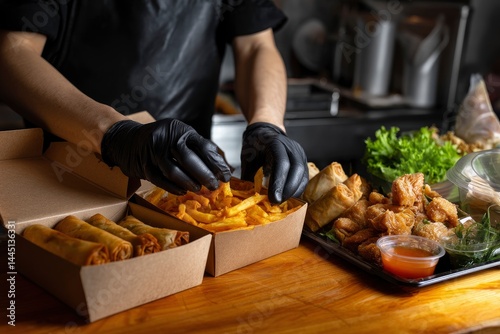 Food Preparation Fries and Spring Rolls in Takeout Containers