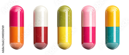Pack of Pills in Five Different Poses Against Transparent Background for Medical, Pharmaceutical, or Healthcare Product Design Projects photo