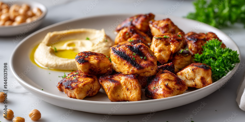 A plate of bite-sized grilled chicken pieces A plate of bite-sized grilled chicken pieces