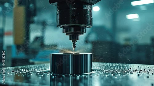 High Precision CNC Machine Tool Cutting Metal in Workshop Showcasing Technology, Craftsmanship, and Intricate Manufacturing Processes with Coolant and Sparks.