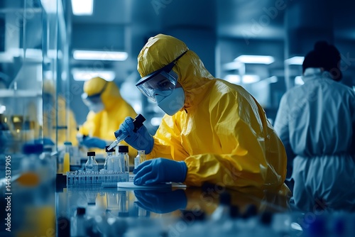 Scientist in Yellow Protective Suit Conducting Research in Laboratory, Biosafety and Medical Testing