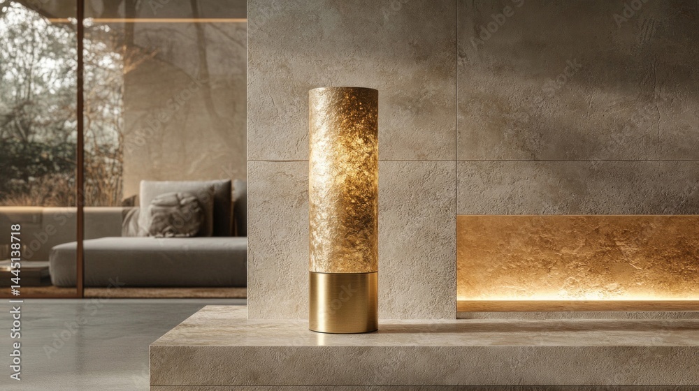 Textured Gold Table Lamp on a Modern Concrete Mantelpiece Textured Gold Table Lamp on a Modern Concrete Mantelpiece