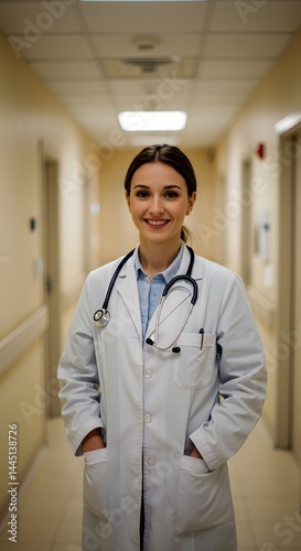 Confident young female doctor in a white coat with a stethoscope. A healthcare professional in a well-lit hospital hallway.