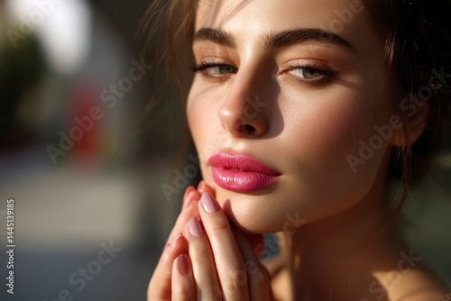 Woman with Pink Lipstick and Manicured Nails