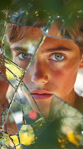 Close-up portrait of a young person,  eyes and face partially obscured by shattered glass