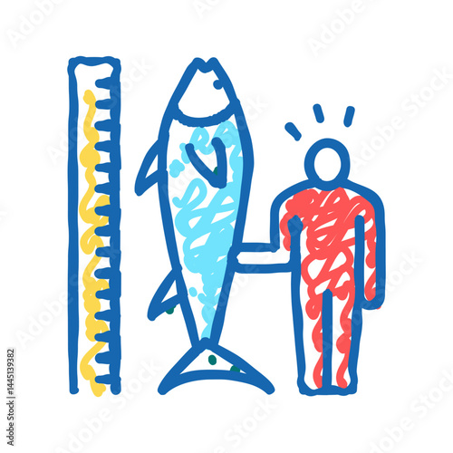 tuna size and fisherman icon doodle illustration