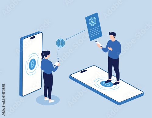 Illustration of a cryptocurrency transfer between users vector art
