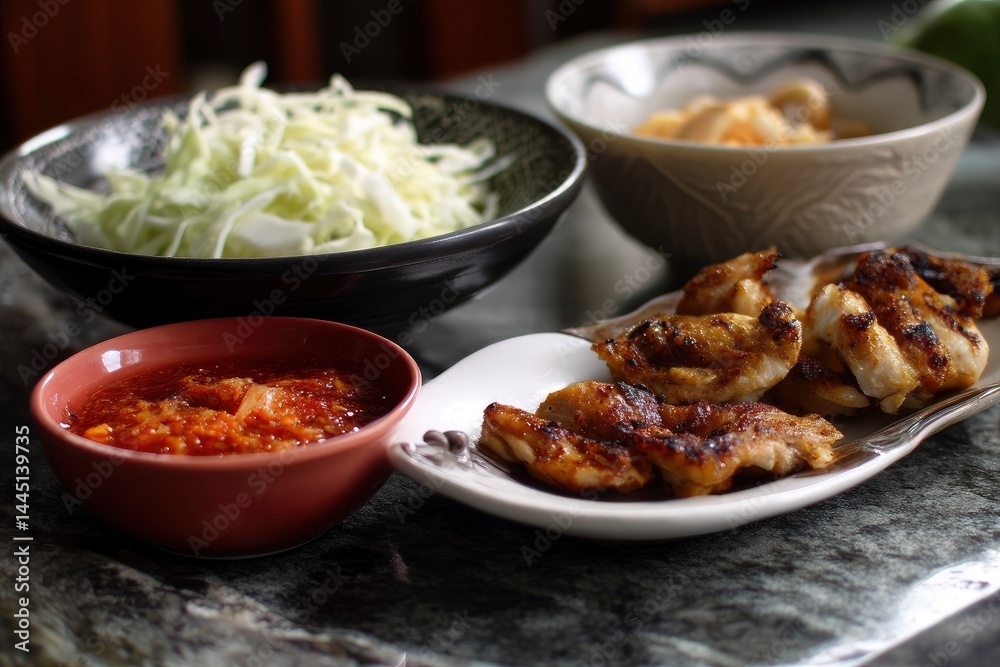 Prepared Food Grilled Chicken, Sauce, Cabbage and Other Ingredients Prepared Food Grilled Chicken, Sauce, Cabbage and Other Ingredients
