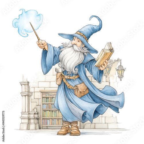 A wizard with a long beard casts a spell with magic wand and book in hand.