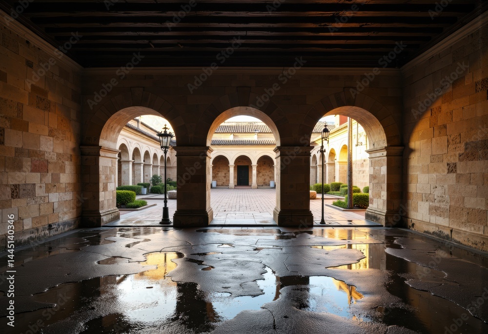 Fototapeta premium Arched passageway leading to a serene courtyard with reflections on the ground