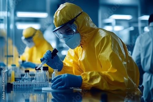 Scientist in Yellow Protective Suit Conducting Research in Laboratory, Biosafety and Medical Testing