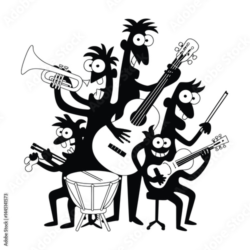 Symphony Orchestra Doodle funny, Silhouette, Vector, Icon, Logo, White Background.