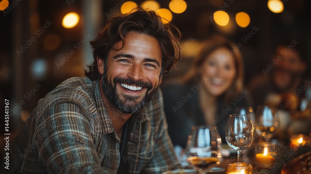 Smiling man shares laughter with friends during a delightful dinner gathering, illuminated by warm candlelight Smiling man shares laughter with friends during a delightful dinner gathering, illuminated by warm candlelight