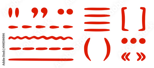 Hand drawn red punctuation marks and lines set. Includes quotation marks, brackets, ellipses, underlines, and dividers in a playful sketch doodle style. Ideal for creative typography, kids projects